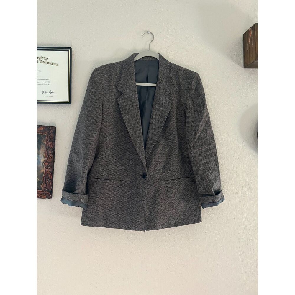 Wool Blazer, vintage single-button gray herringbone, tailored silhouette with st